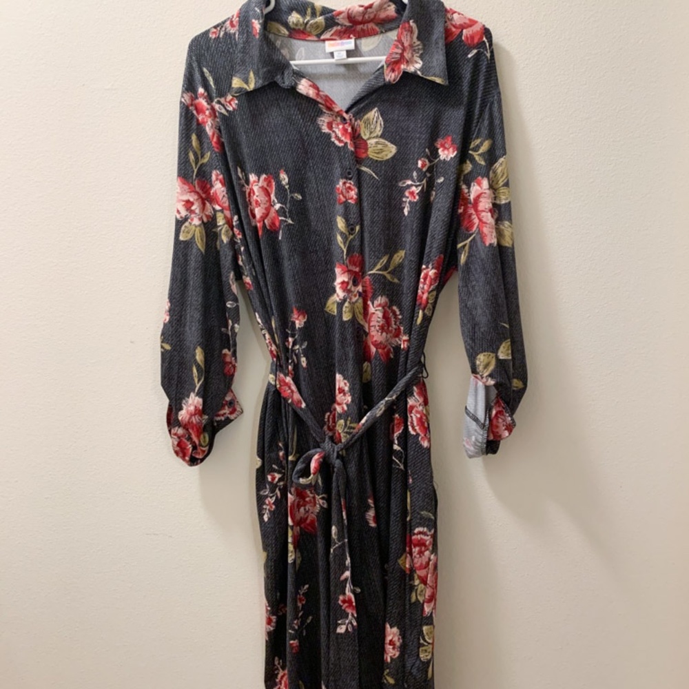 XL Gray and Pink Floral Lularoe Ellie Dress